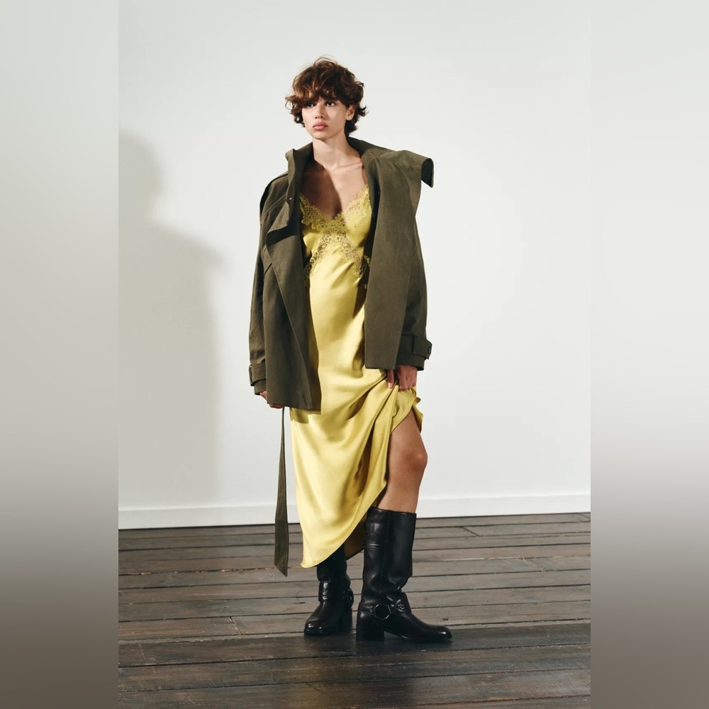 Zara Lace-Trim Slip Satin Maxi Dress in Mustard Chartreuse Yellow - Picture 13 of 15